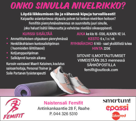 Onko nivelkipu rajoittanut elämääsi jo liian pitkään?
Nivelrikko ei tarkoita , että liikkuminen pitäisi lopettaa tai voisit harrastaa vain kävelyä ja uimista-päinvastoin. Oikeanlainen harjoittelu on parasta lääkettä nivelillesi.. Kurssi jonka aloitamme tarjoaa sinulle selkeän polun kohti kivuttomampaa arkea.
Mitä saat kurssilta;
🔑 Ymmärrystä ja rohkeutta: opit , mitä nivelissäsi tapahtuu ja saat varmuuden aloittaa liikkumisen turvallisesti
🔑Valmiit harjoitusohjelmat. helpot, turvalliset ja monipuoliset liikkeet, jotka tukevat kuntoutustasi
🔑Voimaa ja liikkuvuutta: huomaat positiivisia vaikutuksia kaikilla elämän osa-alueilla, kun kehosi vahvistuu
🔑 Eväät jatkoon: Käytännön neuvot ja vinkit itsestäsi huolehtimiseen, joista nautit vielä pitkään kurssin jälkeenkin!TÄMÄ KURSSI EI OLE  SUOSITELTAVA, JOS ;
#  sinulle on äsken tehty tekonivelleikkaus polveen tai lonkkaan
#  sinulla on akuuttikipu tai vamma esim polven nivelsiteen venähdys
# tuore repeämä tai muu vamma , jossa lääkäri on antanut sinulle tarkat aikataululliset hoito-ohjeet
# sinulle on lääkäri antanut liikuntakiellonMikäli pohdit sopiiko kurssi sinulle , olethan yhteydessä femifit@outlook.com niin pohditaan asiaa👉 LÄHDE MUKAAN JA OTA ENSIMMÄINEN ASKEL KOHTI LIIKKEEN ILOAKurssi täyttyy nopeasti joten ole nopeat syö hitaat👍