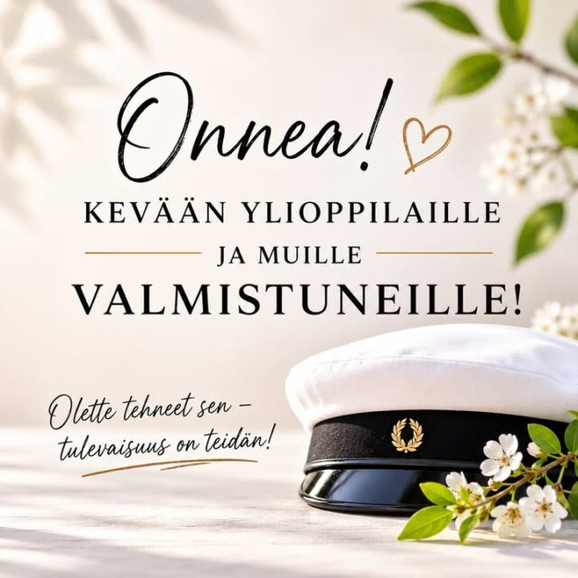 Lämpimät onnittelut kaikille kevään uusille ylioppilaille, ammattiin valmistuneille ja koulunsa päättäville! Upea saavutus ja ahkeruus palkitaan nyt. Hyvää kesää kaikille!