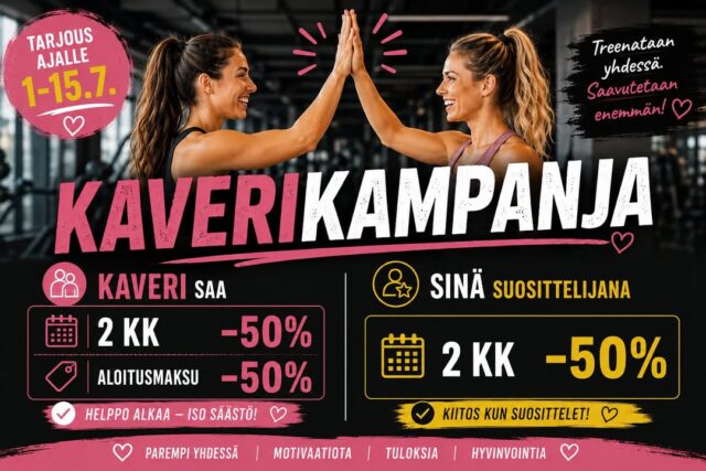 ☀️ TREENAA EDULLISEMMIN KESÄLLÄ – Ota kaveri mukaan naisten omalle salille ja molemmat säästävät -50 %! ☀️Keskikesä on täällä, ja nyt on vuoden paras aika treenata Femifitillä – naisten omalla kuntosalilla!
Haluamme kiittää teitä upeasta treeniyhteisöstämme ja tarjota mahdollisuuden napata edullisempaa treeniaikaa.Miten etu toimii? Se on helppoa: vinkkaa Femifitistä ystävällesi, niin pääsette nauttimaan naisten salin rennosta ilmapiiristä ja hyödytte molemmat huippueduista! 🎉
🎁 Uudelle liittyvälle kaverillesi:
Ensimmäiset 8 viikkoa -50 %Liittymismaksu -50 %🎁 Sinulle kiitokseksi vinkistä:
2 seuraavaa treenijaksoa -50 % hintaan!📝Toimi näin: Koska heinäkuussa aukioloajoissamme on poikkeuksia, edun hyödyntäminen ja lisätiedot onnistuvat parhaiten ottamalla meihin suoraan yhteyttä: Soita meille numeroon 📞 044 326 5310 tai Laita sähköpostia 📧femifit@outlook.com.Muistakaa mainita suosittelijan nimi, kun otatte yhteyttä, niin laitamme molempien edut voimaan!⏰ Ole nopea!
Etu alkaa ylihuomenna ja on voimassa vain rajoitetun ajan 1.7.–15.7.2026. Älä siis odota, vaan jaa ilo ja säästö ystäväsi kanssa jo tänään!
Kiitos, että olet mukana rakentamassa Femifitin yhteisöä. Toivotamme sinulle erittäin energistä ja rentouttavaa treenikesää!Lisätiedot saat puhelun/ spostin yhteydessä.💛#femifit #naistensali #kuntosali #kesätreeni #treenikaveri #hyvinkää #naistenkuntosali #kesäetu