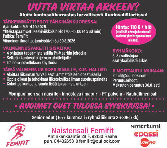 ✨ LÖYDÄ LIIKKUMISEN ILO JA OMA VOIMASI ✨Tuntuuko treenaaminen joskus suorittamiselta tai yhdeltä lisäasialta "to do" -listallasi?Muutetaan suuntaa yhdessä!Liikkumisen ei tarvitse olla pelkkää hien virtausta ja hampaat irvessä puurtamista – se voi olla parhaimmillaan sun päivän energisoivin ja rentouttavin hetki.
Me Femifitillä uskotaan, että paras treeni on se, joka tekee hyvää sekä keholle että mielelle.
Liikkeen tarkoituksena on juhlia sitä, mihin kaikkeen sun keho pystyy, ei rangaista sitä siitä, mitä söit eilen. 😉
Olipa sun juttu tänään...💪 Voimakas kuntosalitreeni🧘♀️ Lempeä ja avaava kehonhuolto🏃♀️ Happirikas lenkki syksyisessä ulkoilmassa💃 Tanssi olohuoneen matolla suosikkibiisin tahtiin...tärkeintä on, että kuuntelet itseäsi.Sä ansaitset hetken omaa aikaa ja hyvää oloa. Jokainen askel ja jokainen toisto vie sua lähemmäs vahvempaa, elinvoimaisempaa ja itsevarmempaa versiota itsestäsi. Kerro kommenteissa: Mikä on sun lempitapa liikkua tällä viikolla? Inspiroidaan toisiamme! 👇#Femifit #LiikunnanIlo #HyväOlo #OmaAika #VahvaNainen #Hyvinvointi #TreeniMotivaatio🚀 HUOMIO NAISET: KAIPAAKO KUNTOSALIHARJOITTELUSI STARTTIAPUA? 🚀Haluaisitko aloittaa kuntosalilla, mutta laitteet mietityttävät? Femifitin suosittu Kuntosalistartti-pienryhmä tarjoaa turvallisen ja innostavan aloituksen naisten omalla salilla.